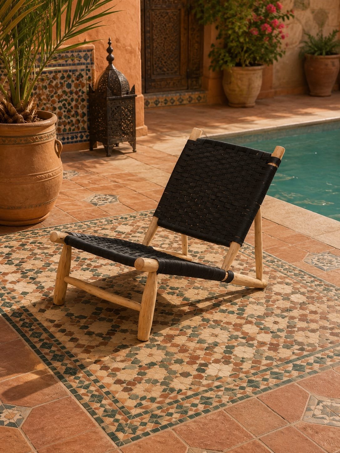 Mobilier artisanal installé au bord d’une piscine